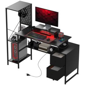HOMCOM 56" Computer Desk with Storage, Computer Table with Power Outlets and LED Lights, Black