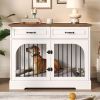 43.3" Farmhouse Dog Crate Furniture, Wooden Dog Kennel with 2 Storage Drawers and Rotating Food Bowls, Secure Metal Bar Crate for Lage & Medium Dogs