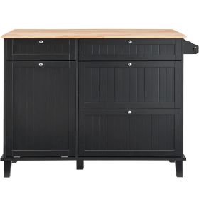 Kitchen Island Cart, 50" Wood Top Breakfast Bar with Trash Cabinet Tilt Out 10 Gallon Storage, Farmhouse Dining Living Room Table with Drop Leaf