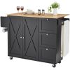 Kitchen Island Cart, 56" Wood Top Mobile Carts with Storage Cabinet, Rolling Table with Drop Leaf, Spice Rack, Towel Bar, Adjustable Shelf, Drawer