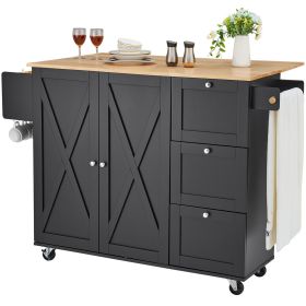 Kitchen Island Cart, 56" Wood Top Mobile Carts with Storage Cabinet, Rolling Table with Drop Leaf, Spice Rack, Towel Bar, Adjustable Shelf, Drawer