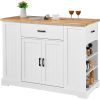 Kitchen Island Cart, 46" Wood Top Breakfast Bar with Storage Cabinet, Farmhouse Kitchen Table with Adjustable Shelf, Drawer