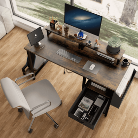 47.27"office desk with power outlet, 2 Monitor Stands and USB Ports,Gaming Desk with Storage Shelves,2 Fabric Drawers, Large Side Pocket