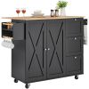 Kitchen Island Cart, 56" Wood Top Mobile Carts with Storage Cabinet, Rolling Table with Drop Leaf, Spice Rack, Towel Bar, Adjustable Shelf, Drawer